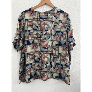 Stunt‎ Shirt Womens 1X Multicolor Geo Print 100% Silk S/S Art to Wear Mature Vtg
